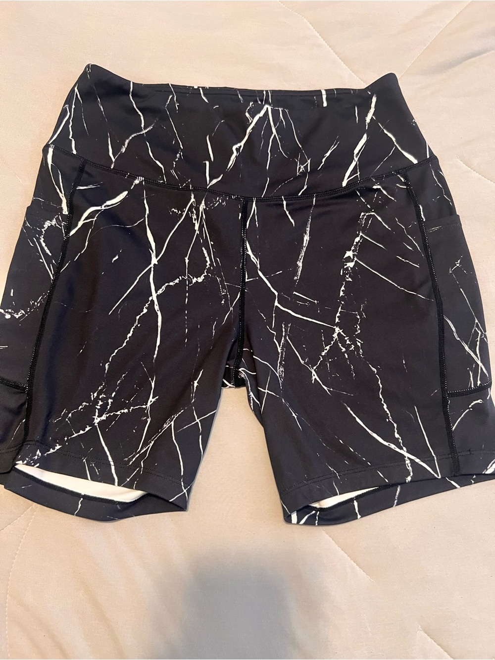 Baleaf Black Marble-Print Bike Shorts with Side Pockets